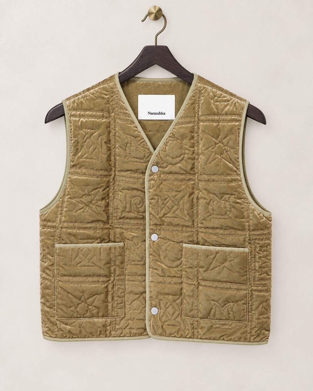 Nanushka Elvio Quilted Tech Velvet Gilet Vest Iridescent Khaki NWT M